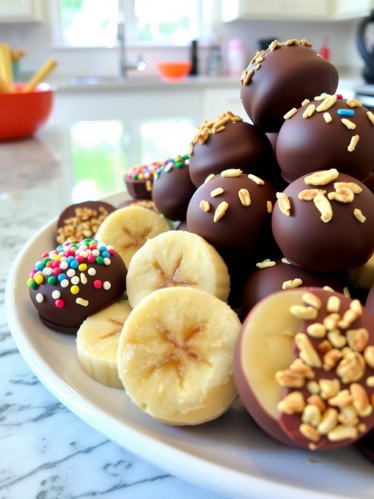 Delicious frozen chocolate banana bites on a plate, some topped with sprinkles and nuts.